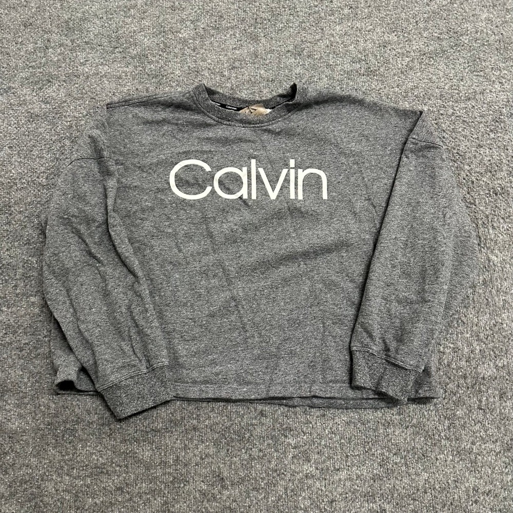 Calvin Klein Sweatshirt Womens Size XL Grey Logo Graphic Relaxed Cropped Top